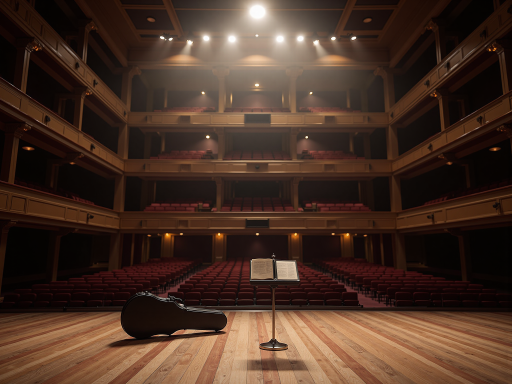古典音乐厅内部场景，木质装饰墙面配暖色灯光，优雅音乐演出氛围