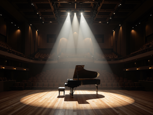 大型音乐厅演出场景，专业演奏家正在演奏电钢琴，观众席坐满观众