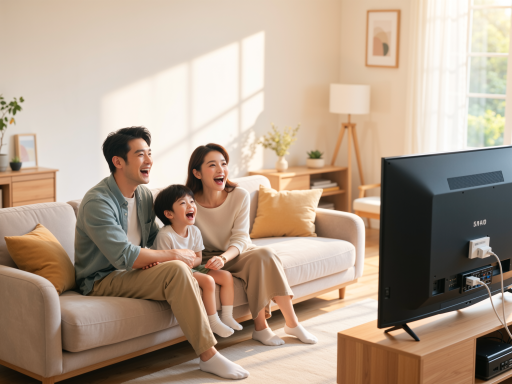 温馨家庭客厅场景，儿童正在练习电钢琴，家长在一旁陪伴