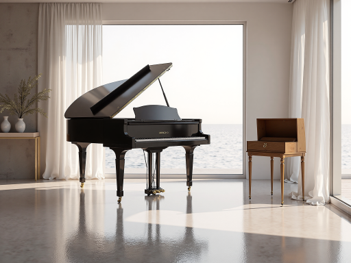 黑色专业级电钢琴正面特写，木质琴身配银色金属装饰，现代简约设计风格，柔和自然光线照射