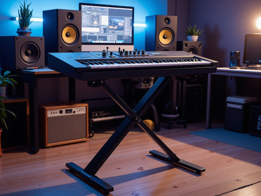 家用款电钢琴正面展示，浅色木质琴身配黑色键盘，家庭客厅温馨场景